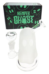 Frosted glow-in-the-dark 6.5-inch ghost glass bong with clear eyes and HEMPER retail box in view