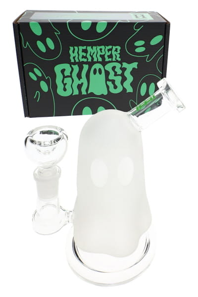 Frosted glow-in-the-dark 6.5-inch ghost glass bong with clear eyes and HEMPER retail box in view