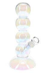 10″ iridescent glass bong with bubble-stack body, flared base, angled bowl, and glossy rainbow finish