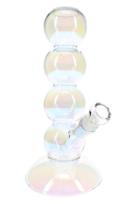 10″ iridescent glass bong with bubble-stack body, flared base, angled bowl, and glossy rainbow finish