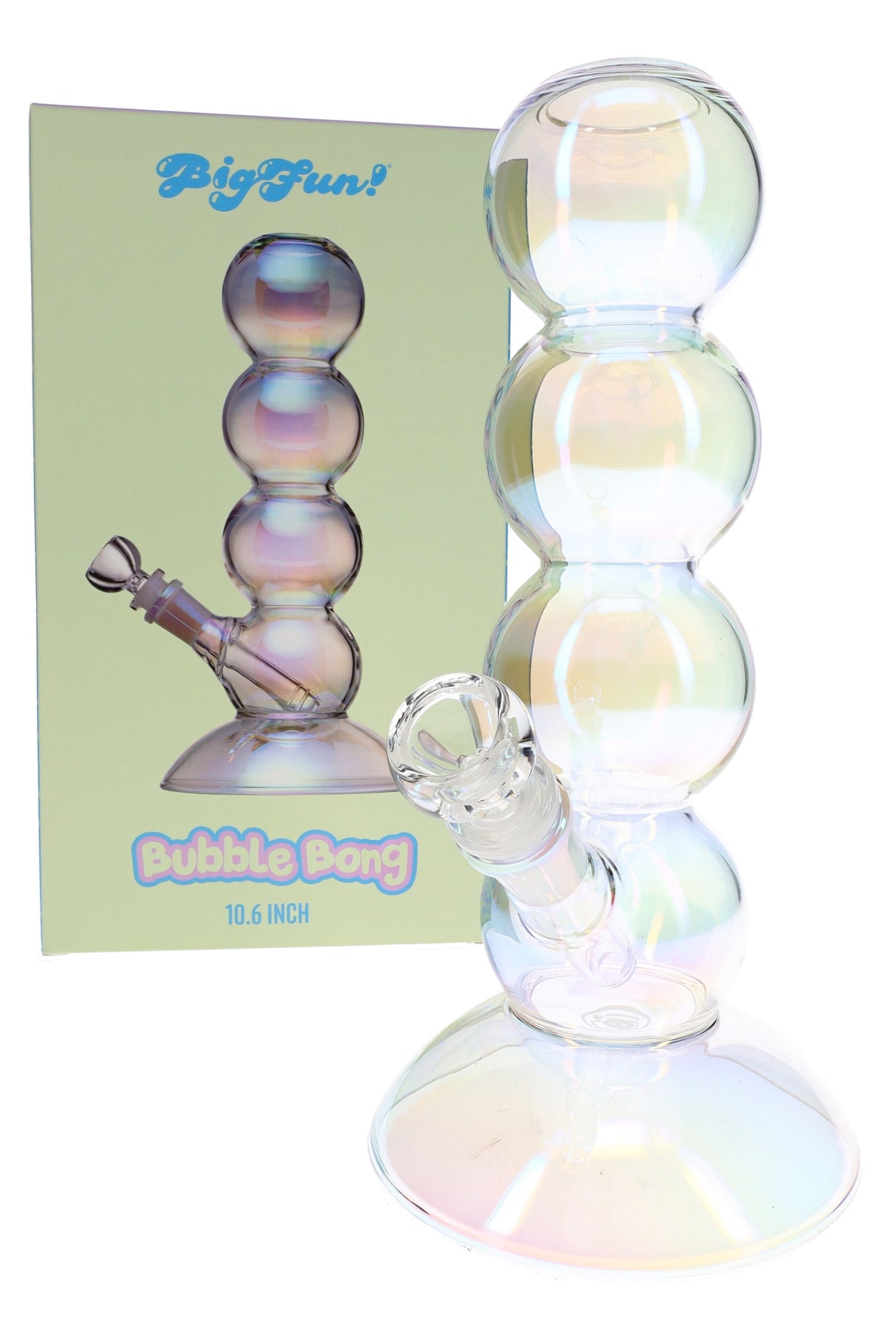 BigFun! iridescent bubble bong in retail box with 10″ glass body, angled 14 mm bowl, and stacked chambers