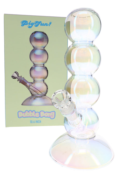 BigFun! iridescent bubble bong in retail box with 10″ glass body, angled 14 mm bowl, and stacked chambers