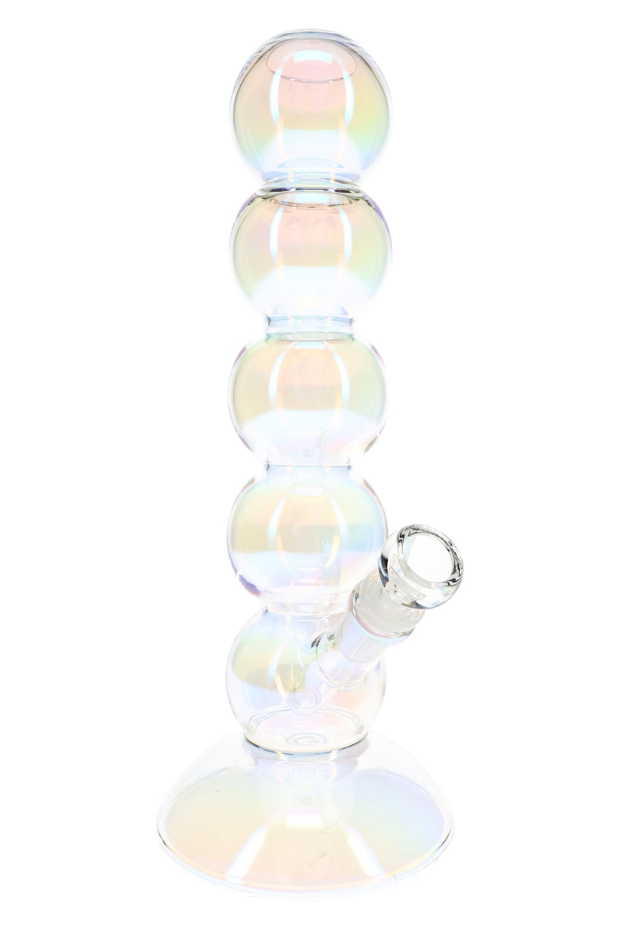 13″ iridescent glass bong with five bubble chambers, flared base, angled bowl, and glossy rainbow finish