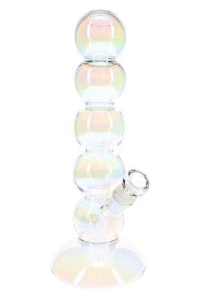 13″ iridescent glass bong with five bubble chambers, flared base, angled bowl, and glossy rainbow finish