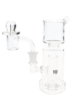 Clear MJ Arsenal dab rig with compact column chamber, angled mouthpiece, and attached 10 mm quartz banger
