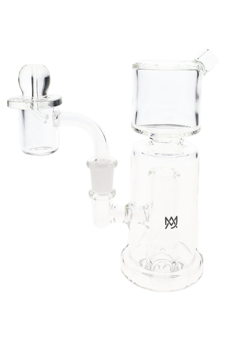Clear MJ Arsenal dab rig with compact column chamber, angled mouthpiece, and attached 10 mm quartz banger
