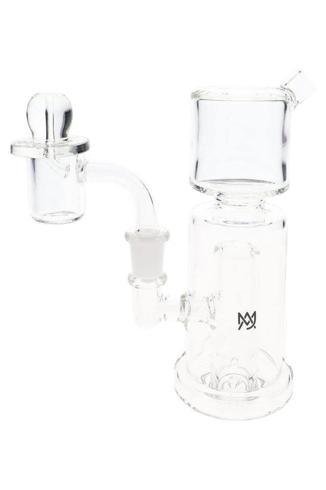 Clear MJ Arsenal dab rig with compact column chamber, angled mouthpiece, and attached 10 mm quartz banger