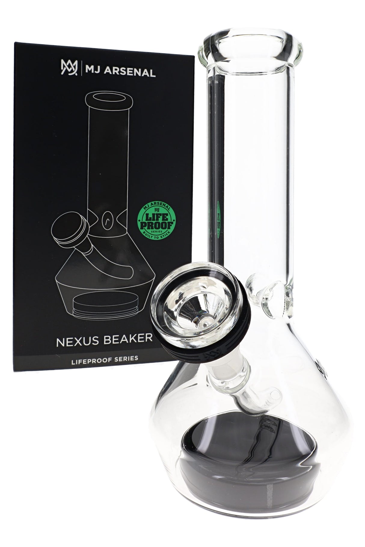 MJ Arsenal Nexus glass bong in retail box with clear body, black suction base, and included 14 mm flower bowl