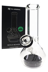 MJ Arsenal Nexus glass bong in retail box with clear body, black suction base, and included 14 mm flower bowl