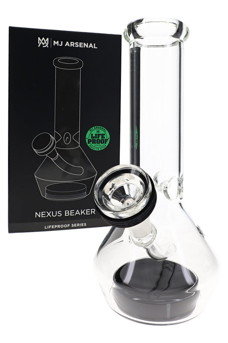 MJ Arsenal Nexus glass bong in retail box with clear body, black suction base, and included 14 mm flower bowl