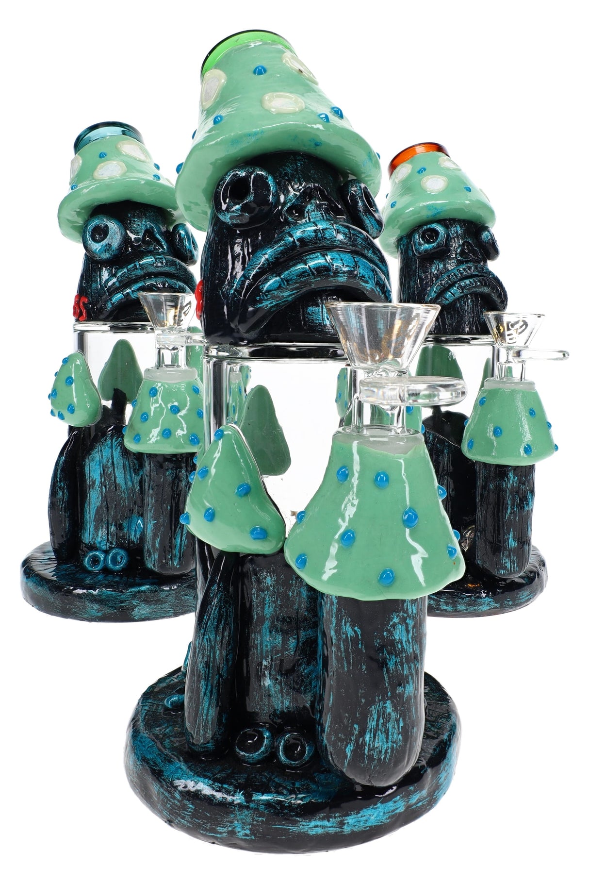Assorted 8″ glass bong with glow-in-the-dark mushroom creature accents, honeycomb perc, bent neck, and clear 14.5 mm bowl