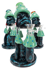 Assorted 8″ glass bong with glow-in-the-dark mushroom creature accents, honeycomb perc, bent neck, and clear 14.5 mm bowl
