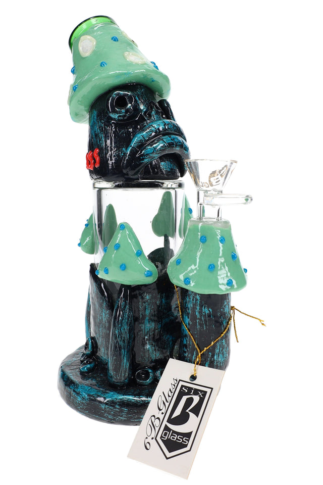 Black and mint 8″ glass bong with mushroom creature design, honeycomb perc, bent neck, and 14.5 mm male bowl