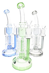 Three 11½ inch HexaRecycler glass bongs with blue, green, and gray accents plus 14.5 mm bowls