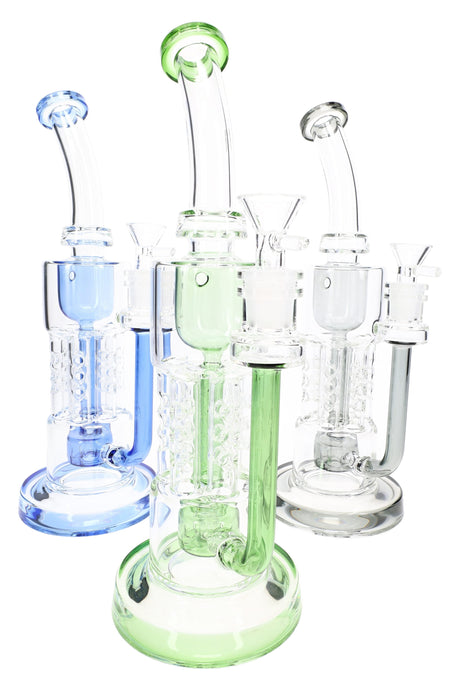 Three 11½ inch HexaRecycler glass bongs with blue, green, and gray accents plus 14.5 mm bowls