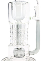 Close-up of clear HexaRecycler glass bong body with six recycler chambers and showerhead perc