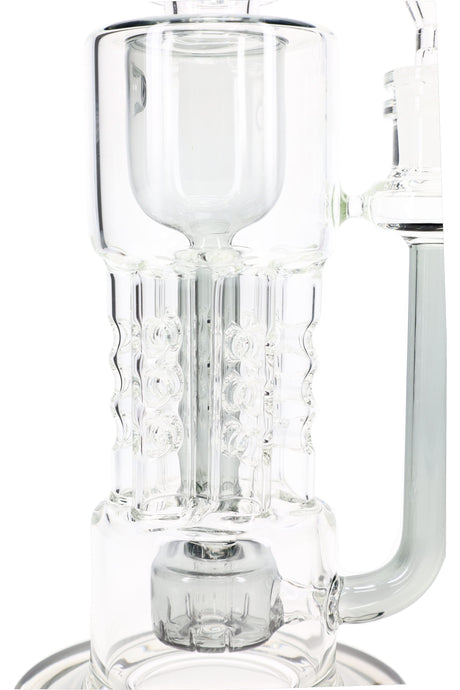 Close-up of clear HexaRecycler glass bong body with six recycler chambers and showerhead perc