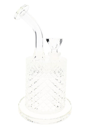 Clear Jane West glass water pipe with square bowl, removable downstem, and raised geometric texture