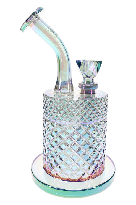 Mermaid Jane West water pipe with iridescent glass finish, textured chamber, and matching bowl