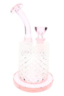 Pink Jane West glass water pipe with pale rose accents, square bowl, and raised Art Deco texture