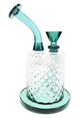 Teal Jane West glass water pipe with green-blue accents, matching bowl, and upright base