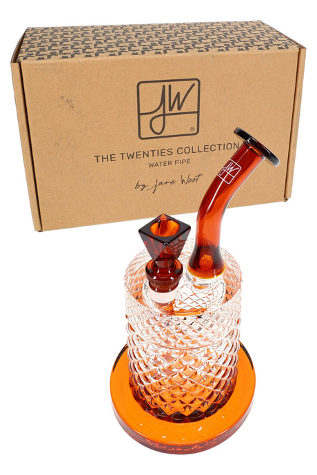 Amber Jane West glass water pipe with branded box, textured chamber, and coordinated bowl