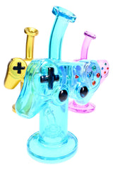 Blue game controller glass bong with stemless body, showerhead perc, black buttons, and angled mouthpiece
