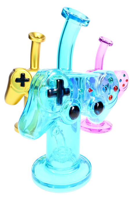 Blue game controller glass bong with stemless body, showerhead perc, black buttons, and angled mouthpiece