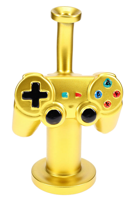 Gold game controller glass bong with black button details, 8½-inch body, and front-facing novelty shape