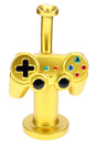 Gold game controller glass bong with black button details, 8½-inch body, and front-facing novelty shape