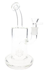 Clear glass bong with bent neck, round base, 14.5 mm joint, and visible showerhead perc from front