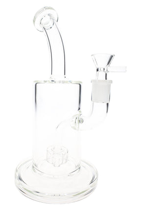 Clear glass bong with bent neck, round base, 14.5 mm joint, and visible showerhead perc from front