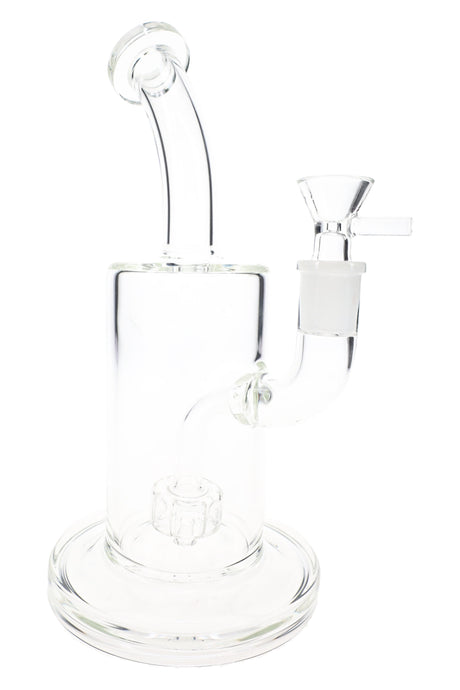 Clear glass bong with bent neck, round base, 14.5 mm joint, and visible showerhead perc from front