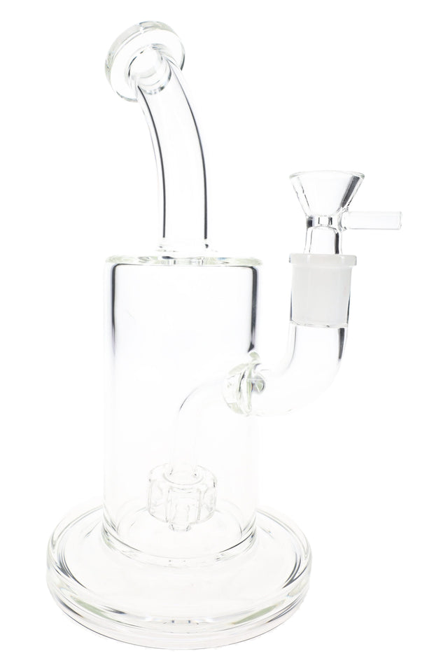 Clear glass bong with bent neck, round base, 14.5 mm joint, and visible showerhead perc from front