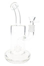 Clear glass bong with bent neck, round base, 14.5 mm joint, and visible showerhead perc from front