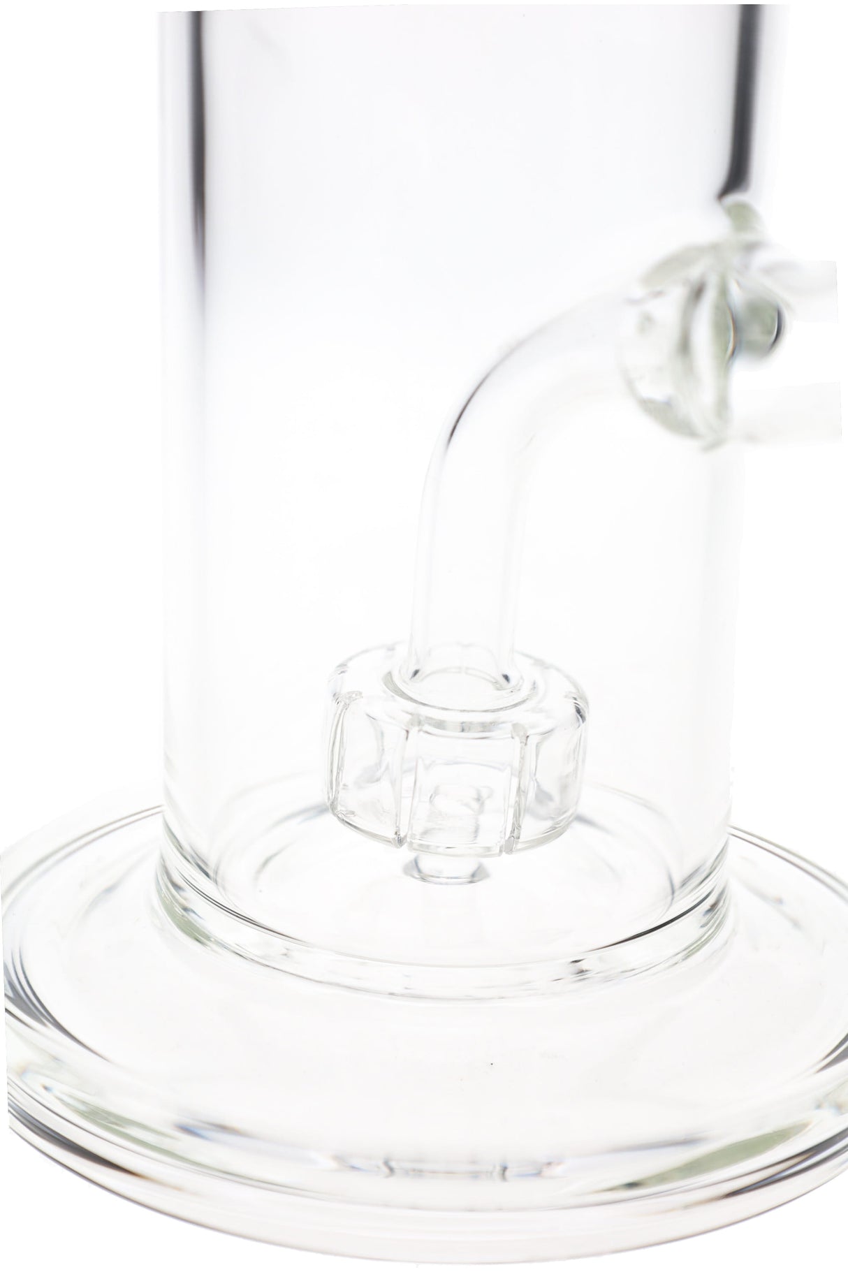 Close-up clear glass bong view showing stemless showerhead percolator and compact straight body