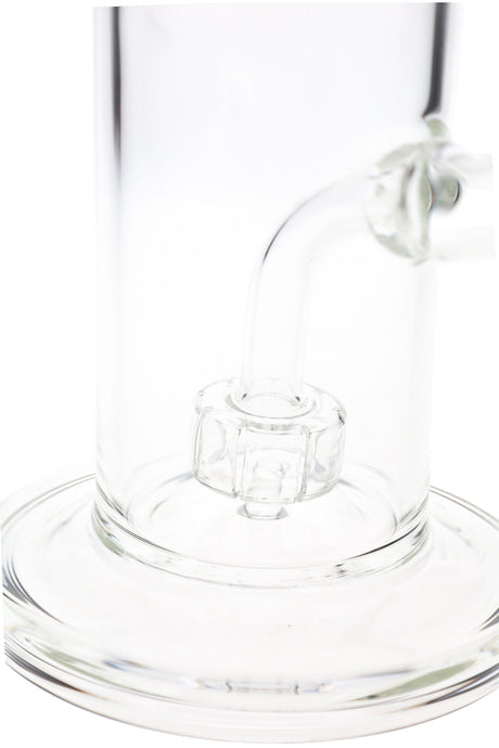Close-up clear glass bong view showing stemless showerhead percolator and compact straight body