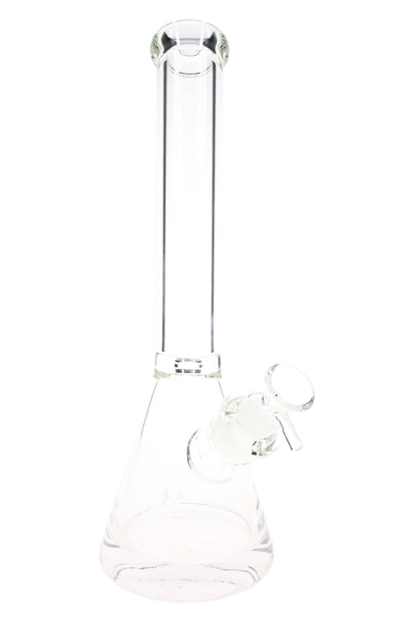 Clear 13½-inch glass beaker bong with ice catch, thick base, removable downstem, and flared mouthpiece