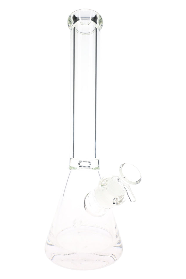 Clear 13½-inch glass beaker bong with ice catch, thick base, removable downstem, and flared mouthpiece