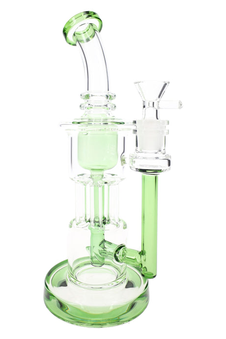 Green-accented glass recycler bong with curved chamber, 14.5 mm joint, and compact 9½-inch body