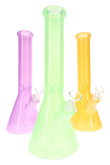 Colored 14-inch glass beaker bong lineup in green, pink, and yellow with ice pinch and removable downstem