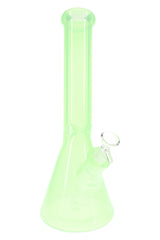 Green 14-inch glass beaker bong with clear bowl, ice pinch, flared mouthpiece, and sturdy wide base