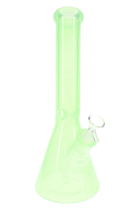 Green 14-inch glass beaker bong with clear bowl, ice pinch, flared mouthpiece, and sturdy wide base
