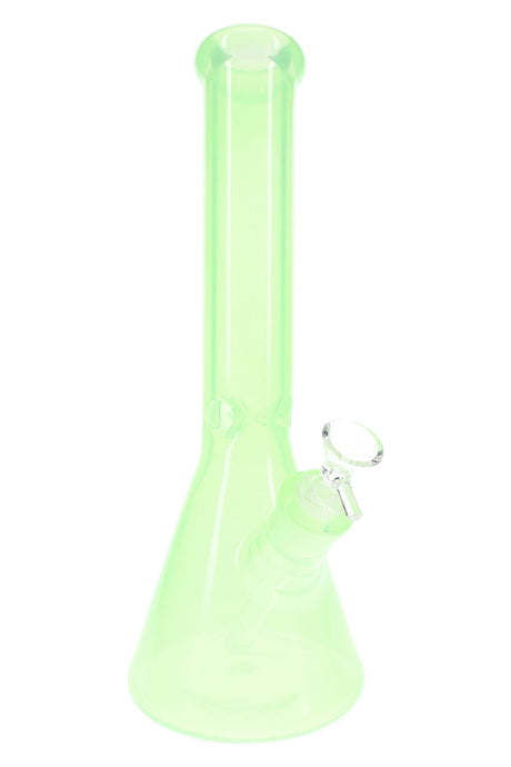 Green 14-inch glass beaker bong with clear bowl, ice pinch, flared mouthpiece, and sturdy wide base