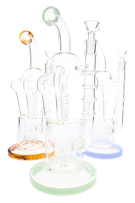 Amber, green, and blue 13½-inch spiral recycler bong group with colored accents and sprinkler perc