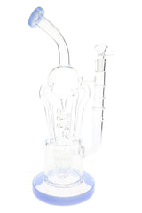 Blue-accented 13½-inch glass recycler bong with spiral tube, sprinkler perc, and upright stemless body
