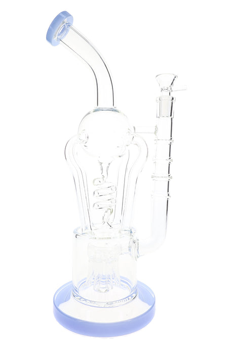 Blue-accented 13½-inch glass recycler bong with spiral tube, sprinkler perc, and upright stemless body