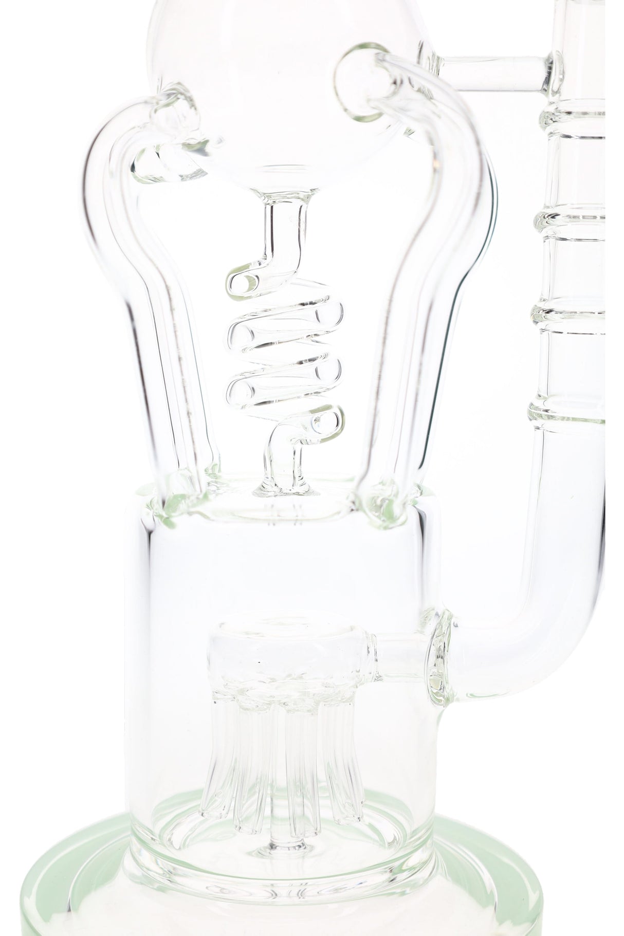 Close-up glass recycler bong showing spiral tube, clear chamber, and sprinkler perc with blue accents