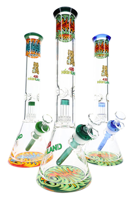 Reverse rasta glass beaker bong lineup with colored bases, clear bowls, ice pinches, and tall 16-inch bodies