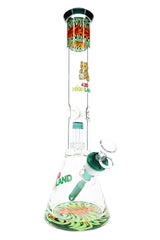 Green-accented reverse rasta beaker bong with 16-inch body, ice pinch, clear bowl, and wide glass base
